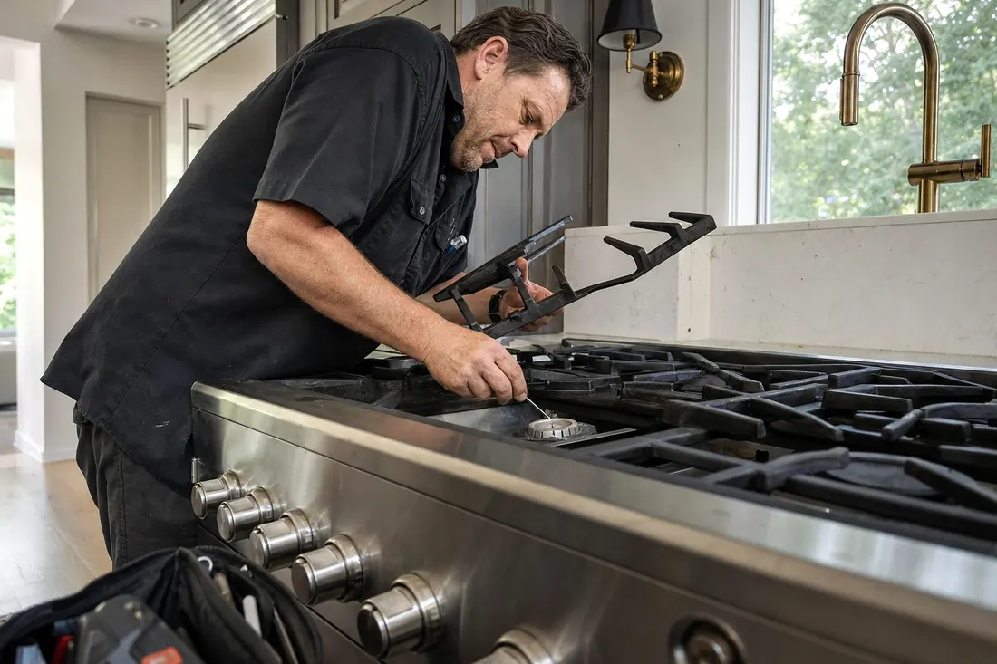 Technician checking a sealed burner on a professional gas range, one grate lifted, the lifted cast-iron grate in frame - Viking appliance repair