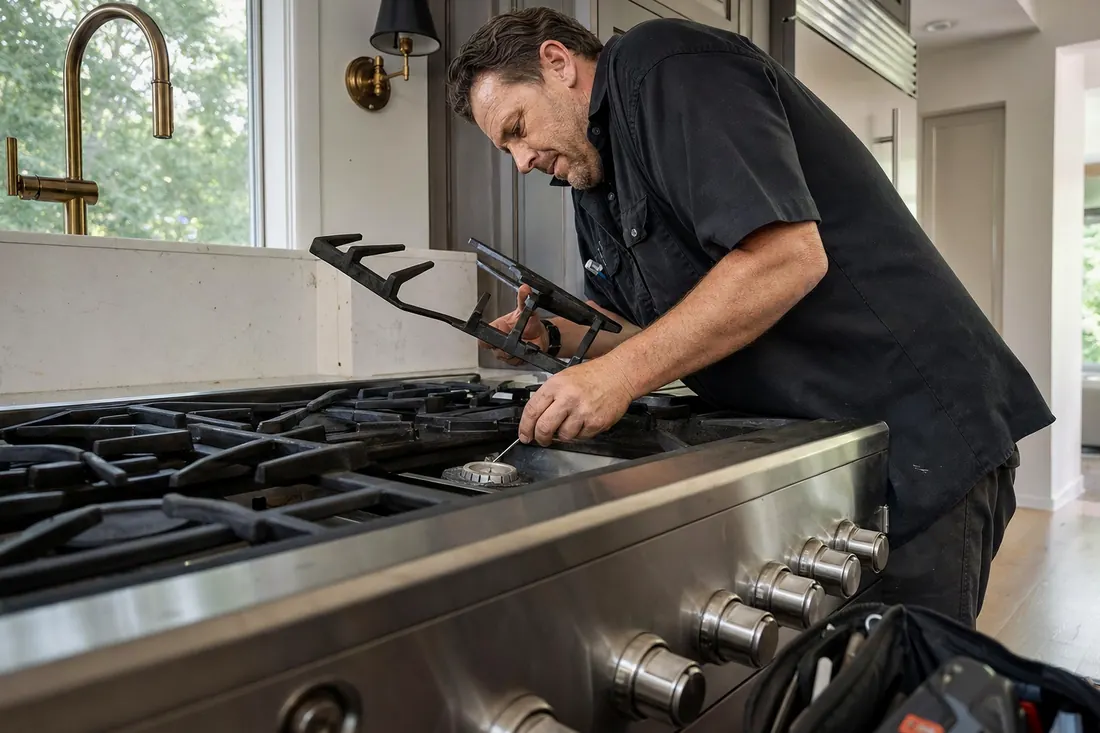 Technician checking a sealed burner on a professional gas range, one grate lifted, the control knobs in frame - Wolf cooking equipment repair