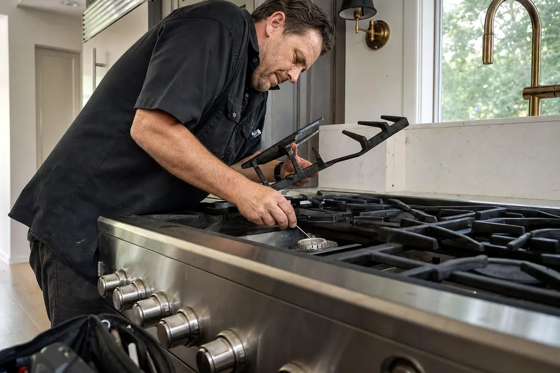 Technician checking a sealed burner on a professional gas range, one grate lifted, the remaining grates in frame - Cooktop and ventilation repair