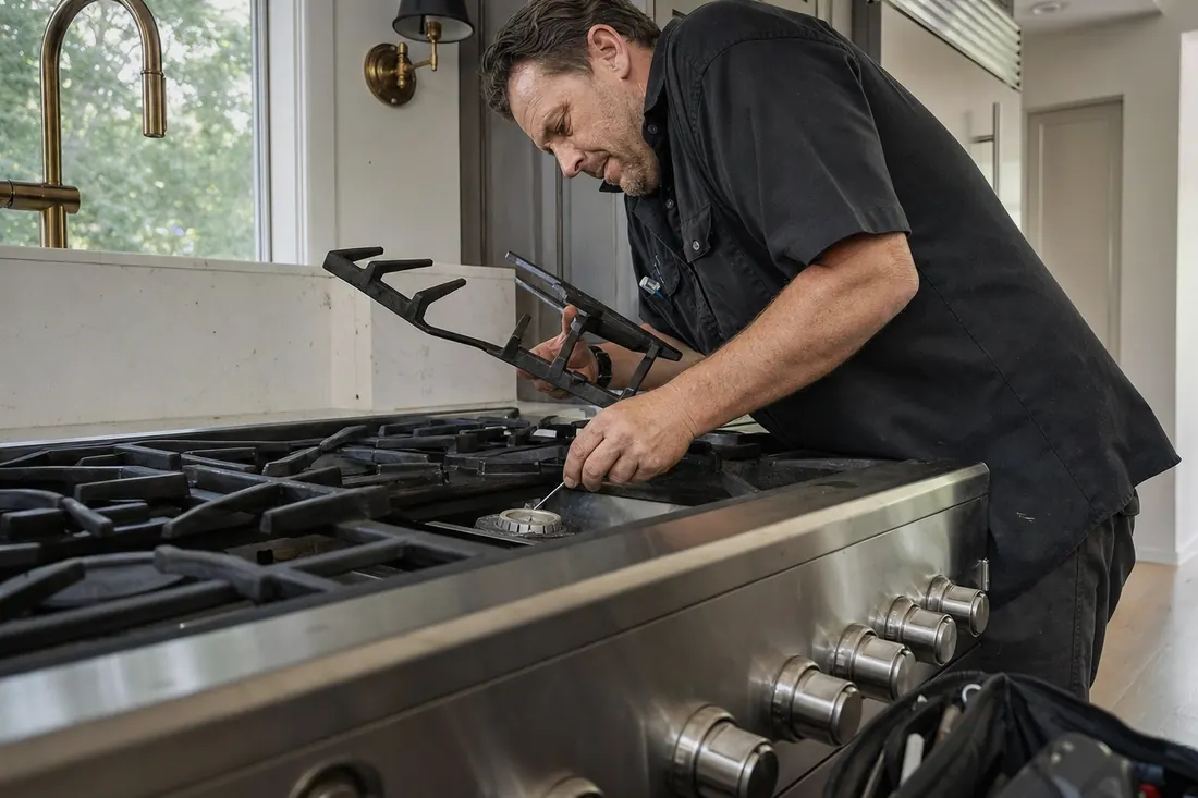 Technician checking a sealed burner on a professional gas range, one grate lifted, the range front in frame - Wall oven and range repair